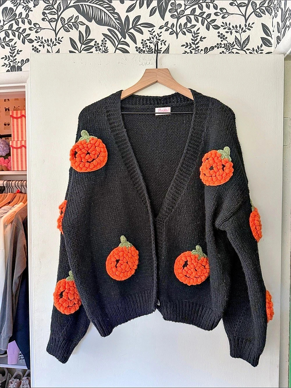 Pink Lily Hey Pumpkin Black Cardigan Orange Pumpkin Size XL